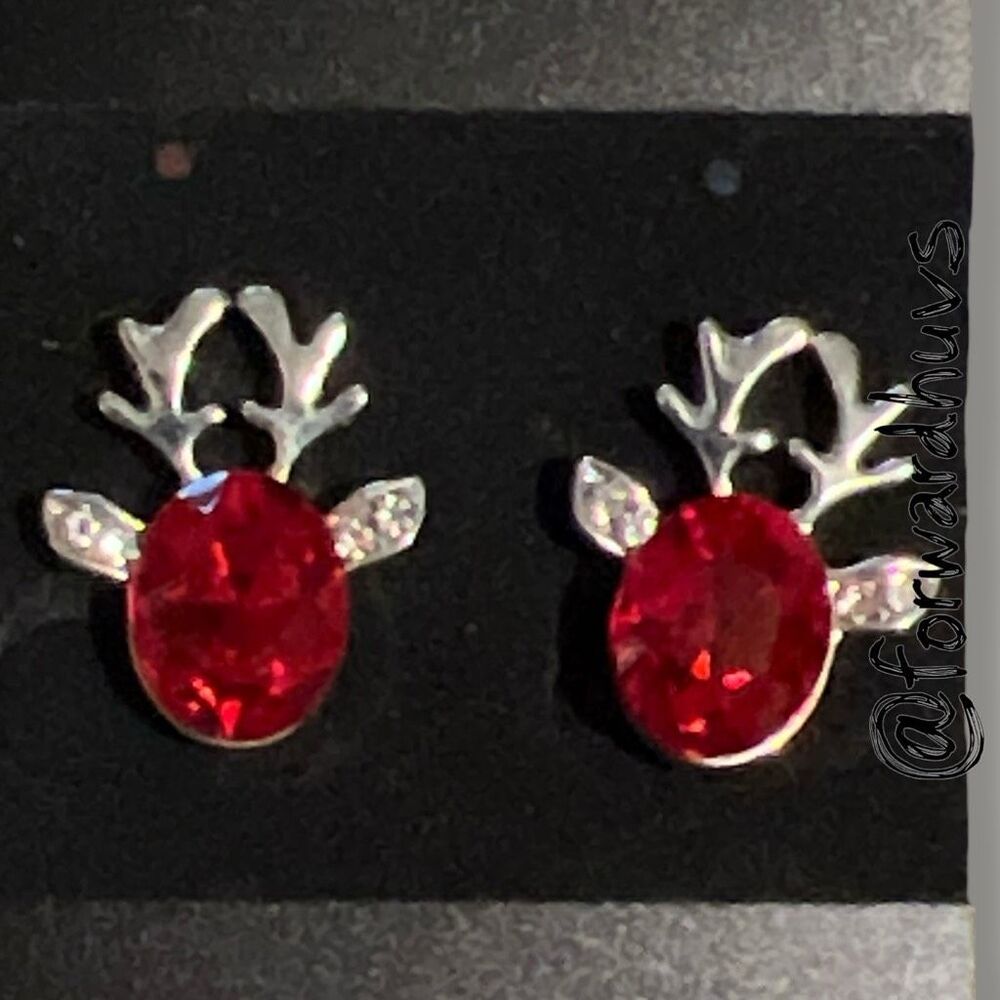 Red Crystal Reindeer Rhinestone Silver Tone Stud Earrings Christmas